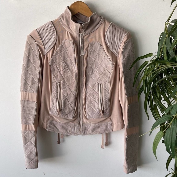 Blanc Noir Jacket Womens Small (XS) Pink Leather Moto Mesh Trucker Streetwear - Picture 1 of 8